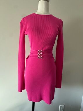 Mach & Mach Hot Pink Long-Sleeve Ribbed Mini Dress with Decorative Waist Detail